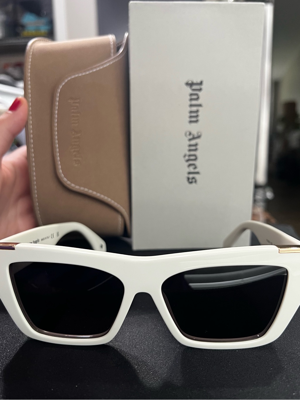 Palm Angels White Frame Sunglasses With Black Lenses And Tan Case